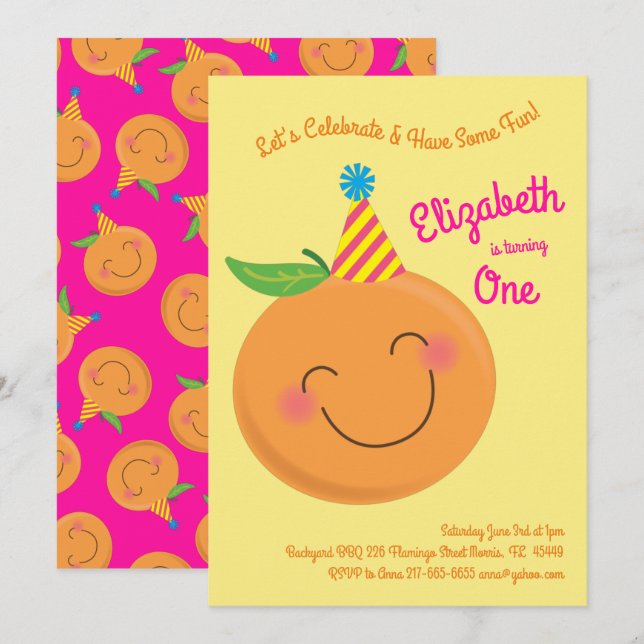 Invitation Little Cutie Tangerine Cute Kids 1er anniversaire (Devant / Derrière)