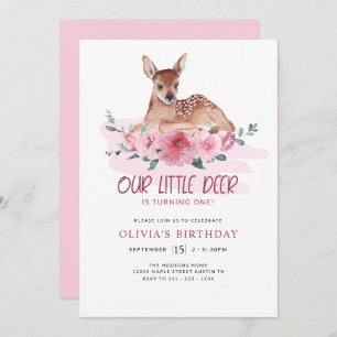 Invitation Little Deer Floral Rose Première fête d'anniversai