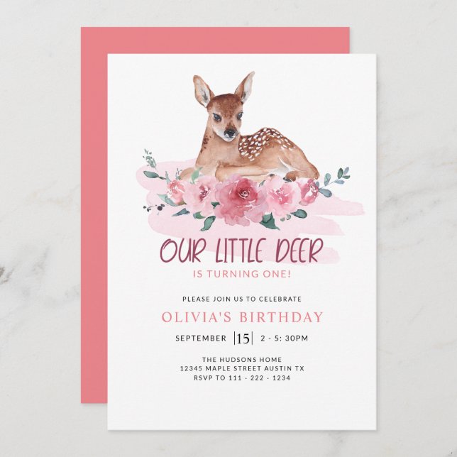 Invitation Little Deer Turner 1 Fête d'anniversaire Floral (Devant / Derrière)