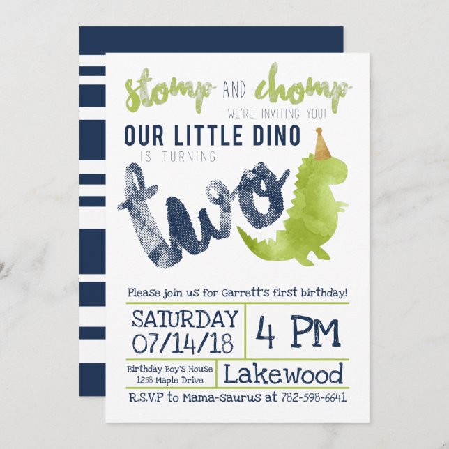 Invitation Little Dino 2e anniversaire Dinosaur thème Boy Nav (Devant / Derrière)