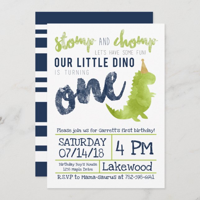 Invitation Little Dino Premier anniversaire Dinosaur thème Bo (Devant / Derrière)