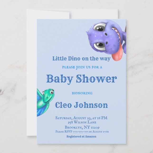 Invitation Little Dino sur le chemin Blue Boy Baby shower Inv (Devant)