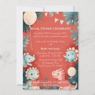 Invitation Little Dino Turning One Orange Watercolor Birthday