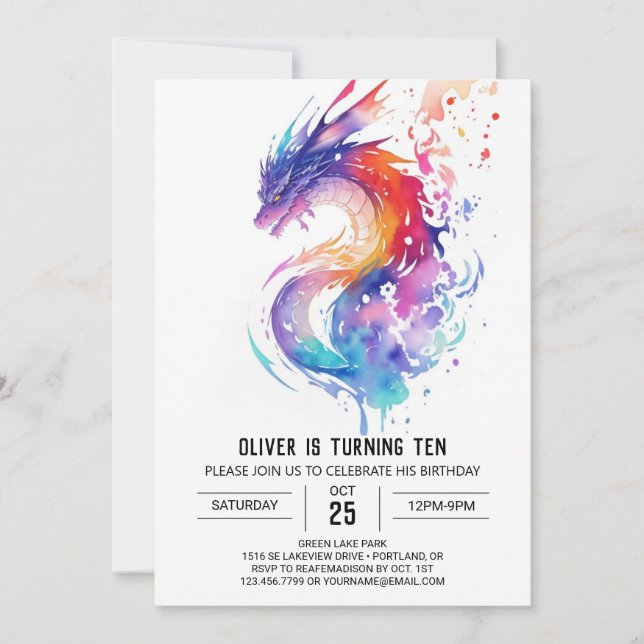 Invitation Little Dragon Dreams Aquarelle Anniversaire (Devant)