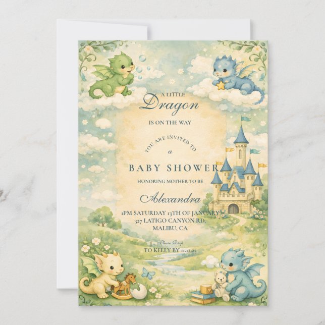 Invitation Little Dragon Storybook Baby Shower (Devant)