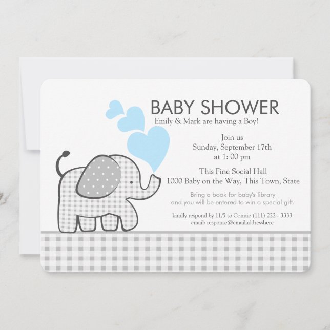 Invitation Little Elephant En vichy et Baby shower bleu (Devant)