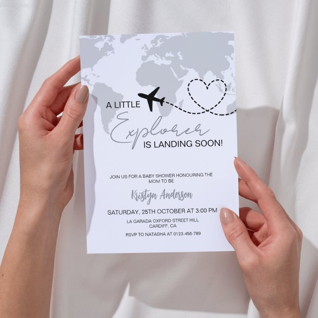 Invitation Little Explorer atterrit Bientôt Baby shower gris (Créateur téléchargé)