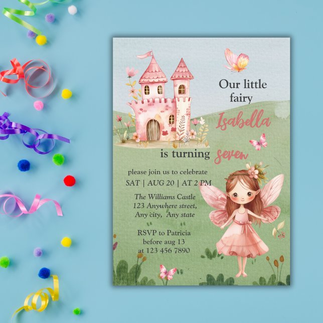 Invitation Little Fairy Pink Castle Butterfly Any Age  (Créateur téléchargé)