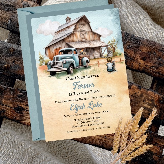 Invitation Little Farmer Fête Deux Anniversaires ("Our Cute Little Farmer Is Turning Two!" Boy 2nd Birthday Party Rustic Truck | Barn Invitation)