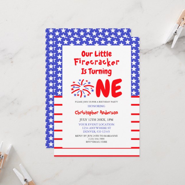 Invitation Little Firecracker 1er anniversaire (Devant/Arrière en situation)
