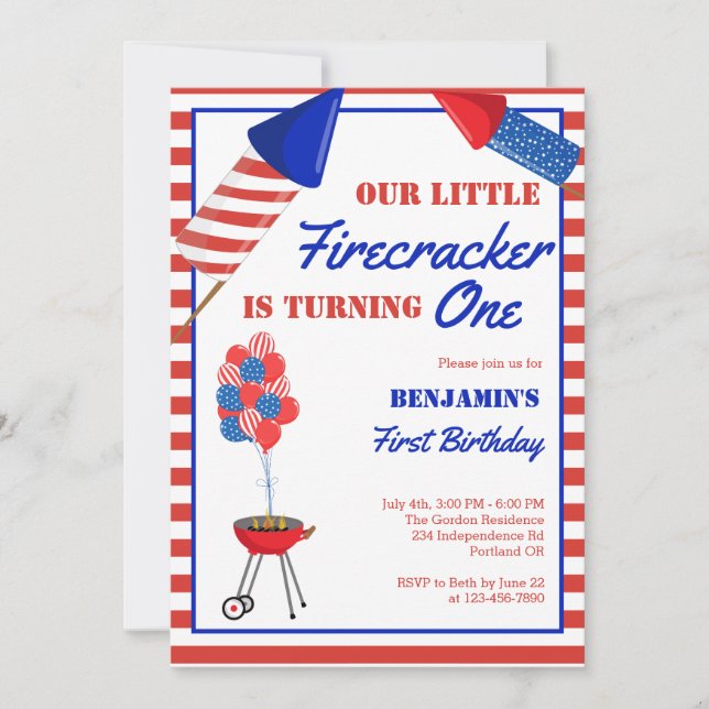 Invitation Little Firecracker 1er anniversaire 4 juillet USA (Devant)