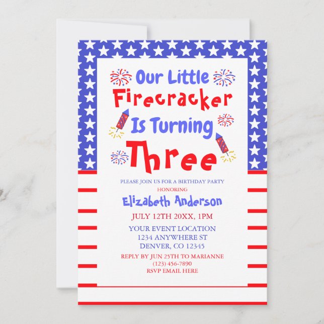 Invitation Little Firecracker 3ème anniversaire (Devant)