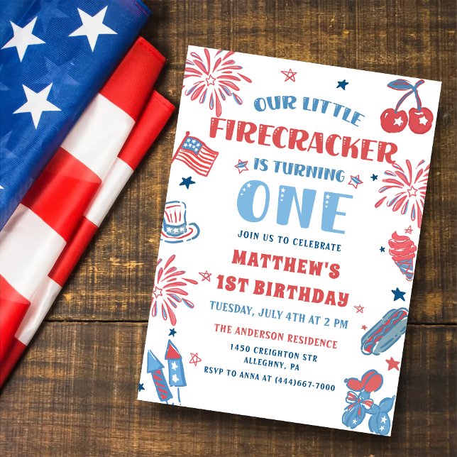 Invitation Little Firecracker 4 juillet 1er anniversaire (Créateur téléchargé)