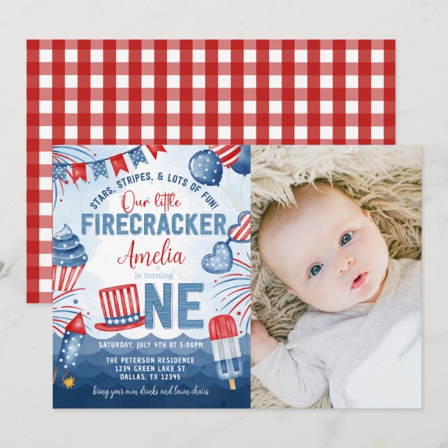 Invitation Little Firecracker 4 juillet 1ère fête d'anniversa (Devant / Derrière)