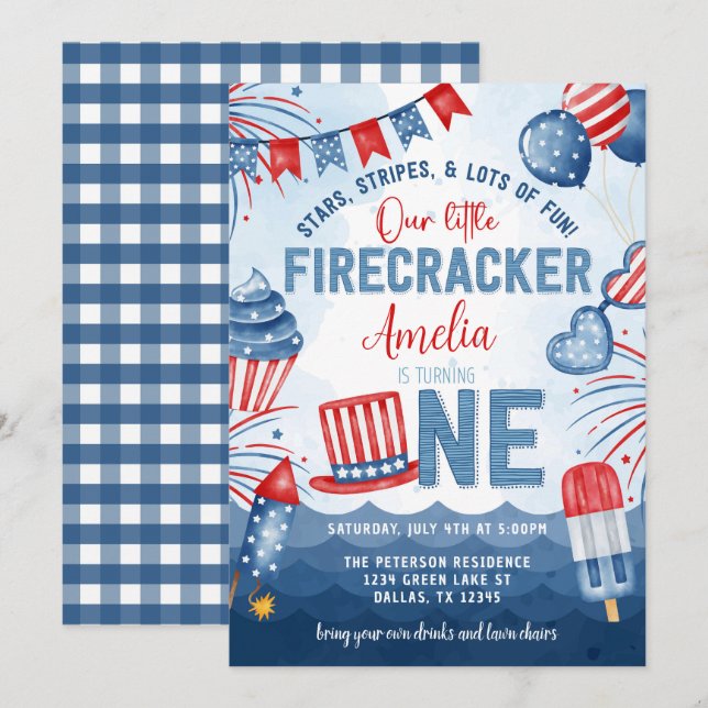 Invitation Little Firecracker 4 juillet 1ère fête d'anniversa (Devant / Derrière)