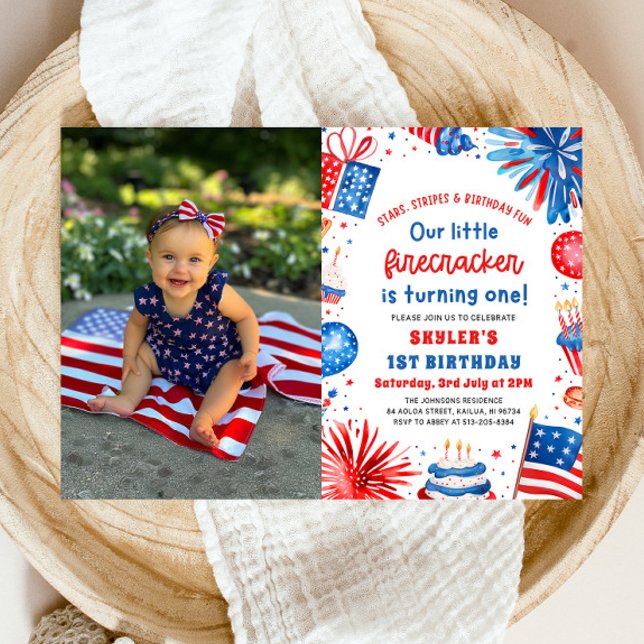 Invitation Little Firecracker 4 juillet 1ère fête d'anniversa (Watercolor Patriotic Little Firecracker 4th of July 1st Birthday Party Invitation)