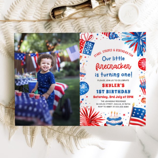 Invitation Little Firecracker 4 juillet 1ère fête d'anniversa (Watercolor Patriotic Little Firecracker 4th of July 1st Birthday Party Invitation)