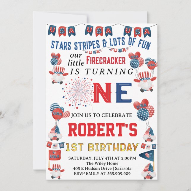 Invitation Little Firecracker Gnome 1er anniversaire 4 juille (Devant)