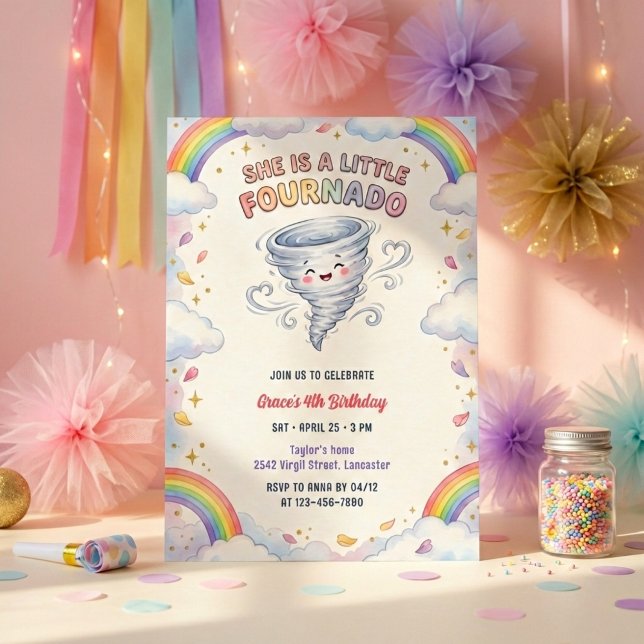 Invitation Little Fournado Rainbow Tornado Girls 4th Birthday (Little Fournado Rainbow Tornado Girls Birthday Party Invitation)