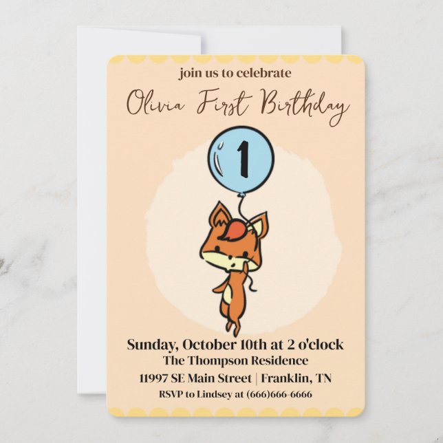 Invitation Little Fox avec ballons 1er anniversaire (Devant)