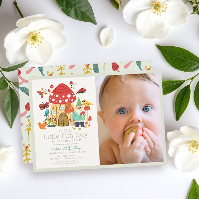 Invitation Little Fun Guy Gnome Mushroom Photo 1st Birthday (Créateur téléchargé)