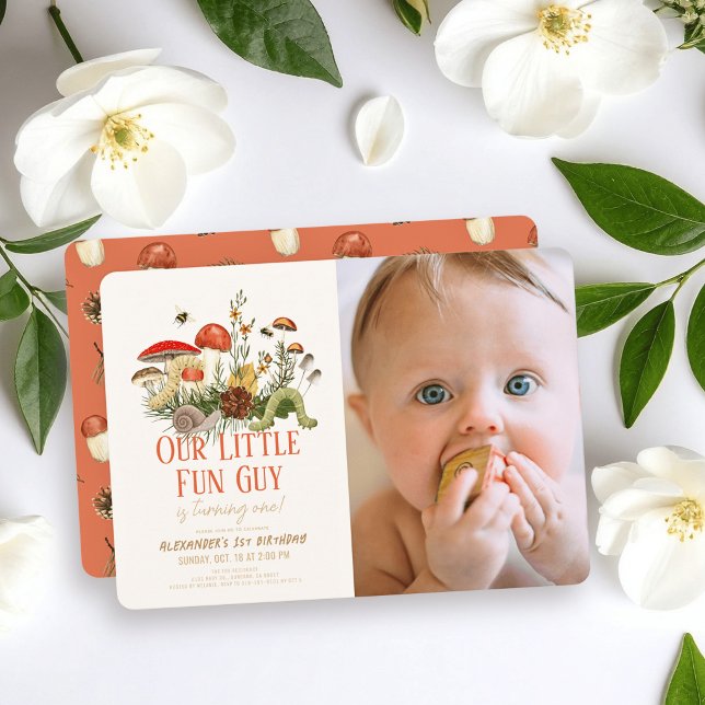 Invitation Little Fun Guy Mushroom Worms Photo 1st Birthday (Créateur téléchargé)