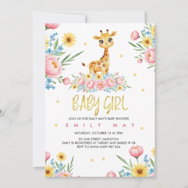 Invitation Little Giraffe Girl Baby Shower Celebration (Devant)