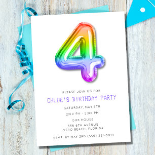 Invitation Little Girls 4th Birthday Balloon Party
