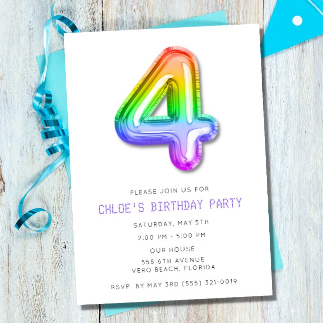 Invitation Little Girls 4th Birthday Balloon Party (Little Girls 4th Birthday Balloon Party Invitation)