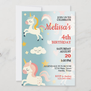 Invitation Little Girls Unicorn et Rainbows fête d'anniversai