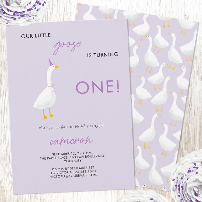 Invitation Little Goose 1er anniversaire fête (Our Little Goose is turning one!  Personalized custom text geese themed first 1st birthday invite)