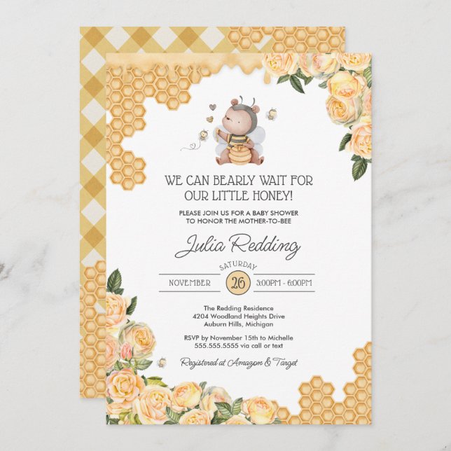 Invitation Little Honey Bear & Bee Yellow Floral Baby shower (Devant / Derrière)