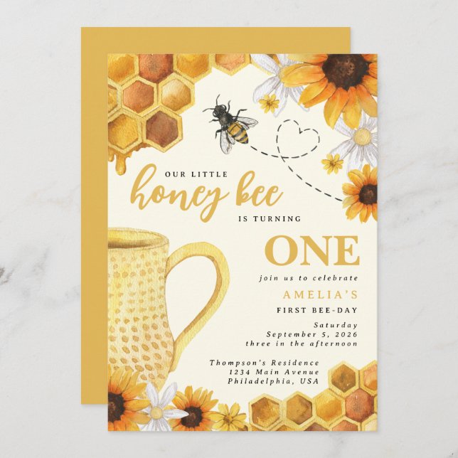 Invitation Little Honey Bee Aquarelle Tournesol 1er anniversa (Devant / Derrière)