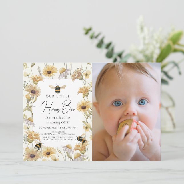 Invitation Little Honey Bee Chamomile 1er Anniversaire Photo (Debout devant)