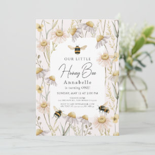 Invitation Little Honey Bee Chamomile rose 1er anniversaire