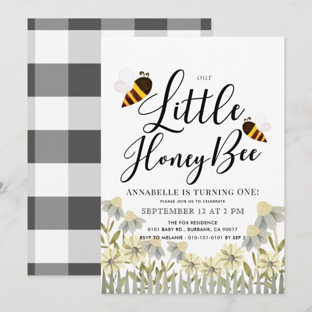 Invitation Little Honey Bee Daisy 1er anniversaire (Devant / Derrière)