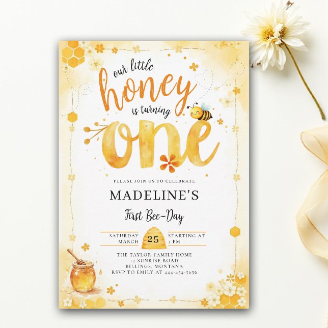 Invitation Little Honey Bee Day Watercolor Cute 1st Birthday (little honey bee one first birthday party invitation bumblebee floral watercolor summer elegant)