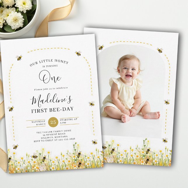 Invitation Little Honey Bee-Day Wildflower Photo 1st Birthday (little honey bee one first birthday party photo arch invitation wildflowers watercolor summer)