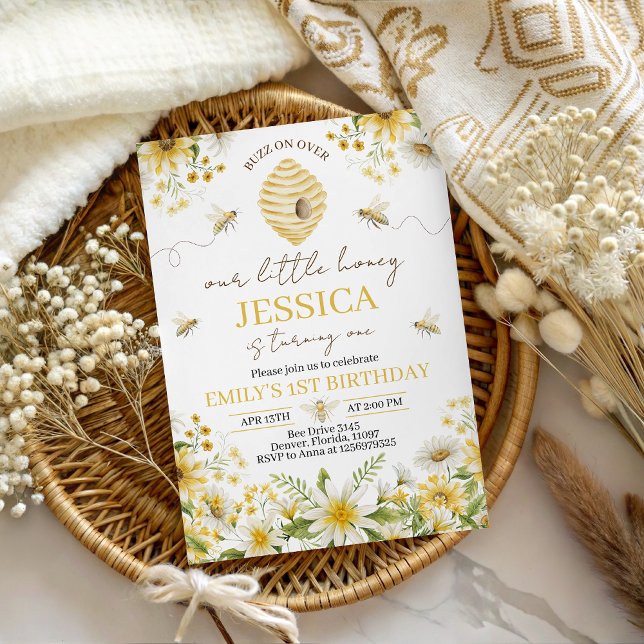 Invitation Little Honey Bee Floral First Birthday Invite (Créateur téléchargé)