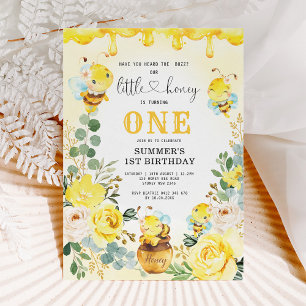Invitation Little Honey Bee Jaune Floral 1er anniversaire