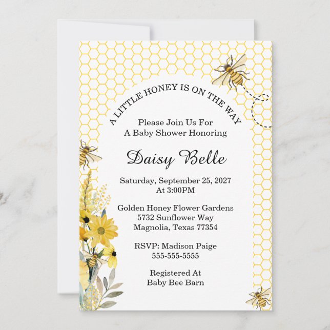 Invitation Little Honey Bee On The Way Yellow Baby Shower (Devant)