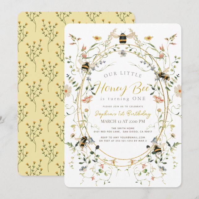Invitation Little Honey Bee Wildflower Girl 1st Birthday (Devant / Derrière)