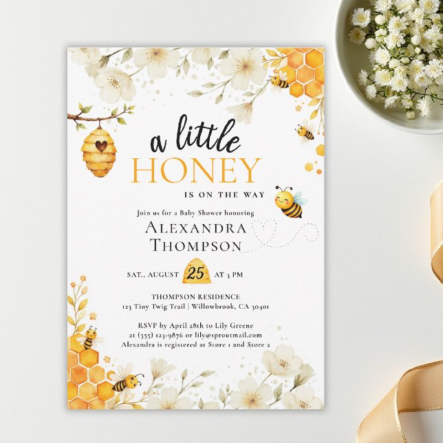 Invitation Little Honey Floral Watercolor Elegant Baby Shower (a little honey bee baby shower theme invitation spring summer watercolor elegant floral bumblebee)
