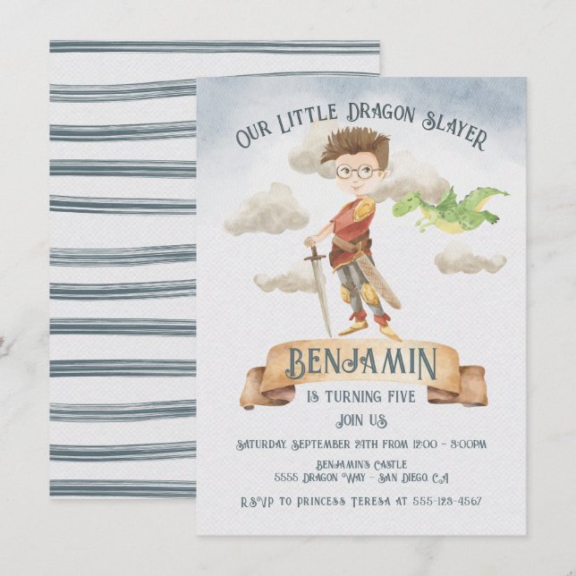 Invitation Little Knight Dragon Slayer Fairytale Anniversaire (Devant / Derrière)