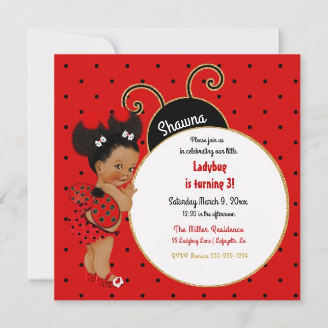 Invitation Little Ladybug Africaine Américaine Fille Rouge No (Devant)