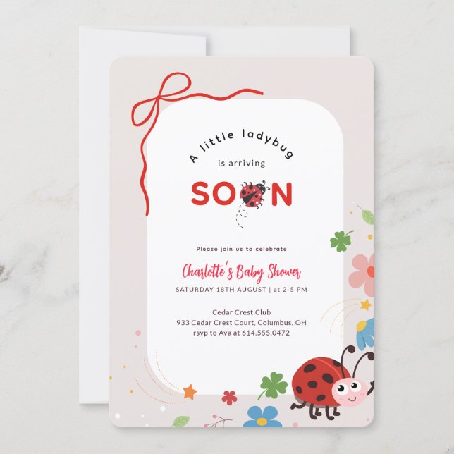 Invitation Little Ladybug Red Bow Floral Baby Shower (Devant)
