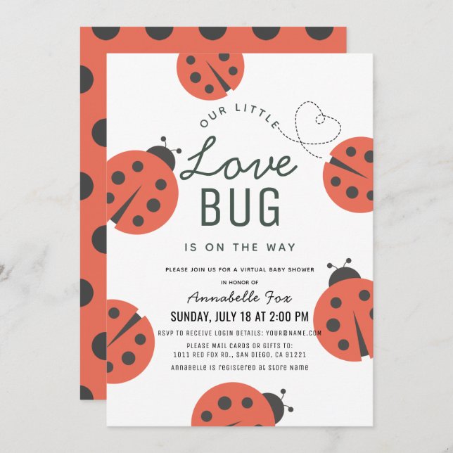Invitation Little Log Baby shower virtuel Ladybug (Devant / Derrière)
