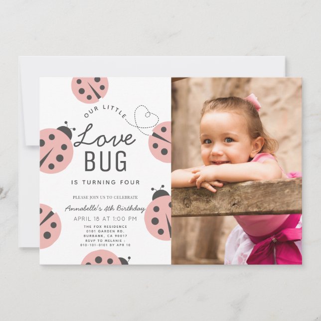 Invitation Little Log Bug Light Rose Ladybug Photo Anniversai (Devant)