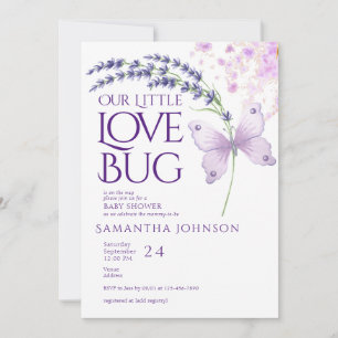 Invitation Little Log Bug Papillon Baby shower Lavender