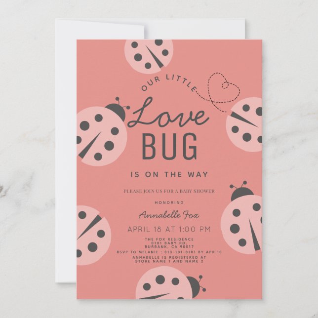 Invitation Little Log Bug Rose Ladybug Baby shower (Devant)